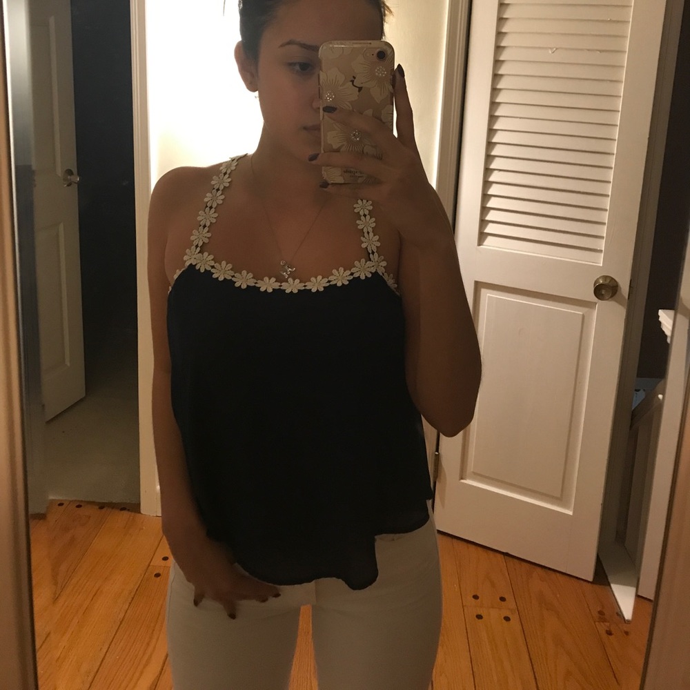 Navy flower accent top!